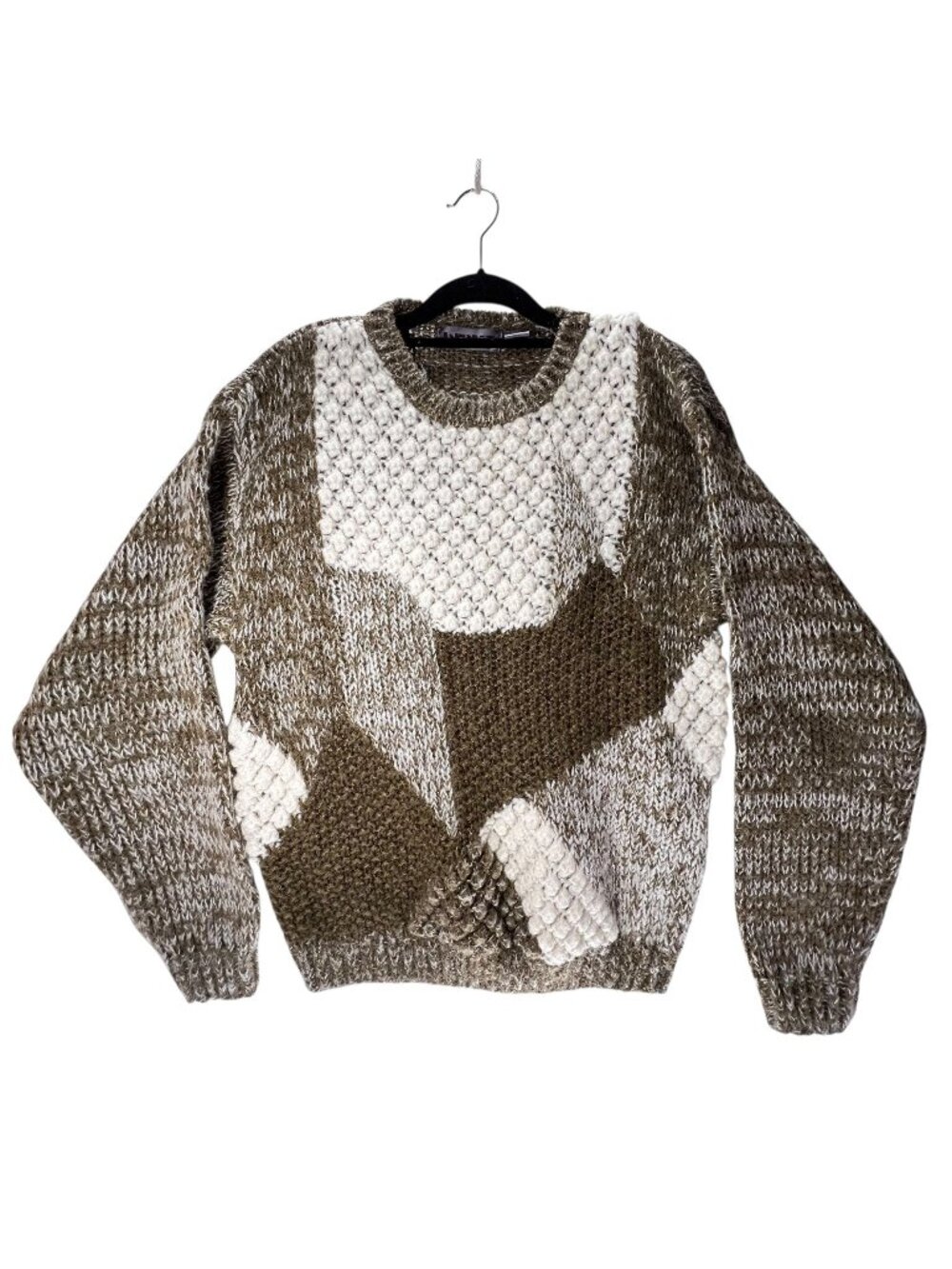 Vtg Index 3D Knit Sweater Textured Patchwork Wool Blend Green Tan Chunky Nobby